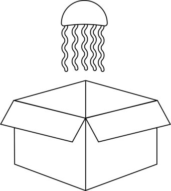 Açık bir karton kutunun üzerinde yüzen bir denizanasının basit bir çizimi tuhaf ve minimalist bir tasarım yaratıyor..