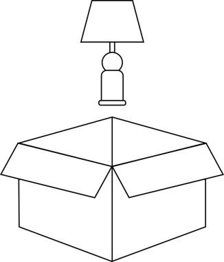 Açık bir karton kutunun üzerinde çeşitli tasarım ve yaratıcı projeler için uygun bir lamba tasvir eden basit bir çizgi çizimi.