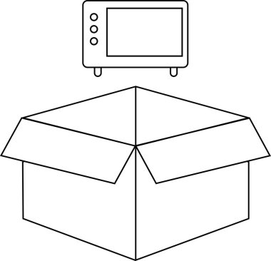 Açık bir karton kutunun üzerinde çeşitli uygulamalar için uygun bir mikrodalga fırının basit bir siyah beyaz çizgisi..