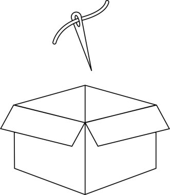 İplikli bir iğne açık bir karton kutunun üzerinde sade siyah beyaz çizgilerle çizilmiştir..