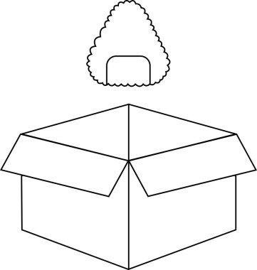 Açık bir karton kutunun üzerinde yüzen onigiri pirinç topunun basit bir siyah beyaz çizimi, minimalist ve temiz bir tasarım yaratıyor..