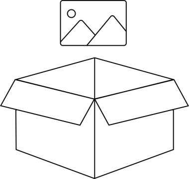 Üzerinde resim olan açık bir karton kutunun basit bir çizimi, paketlenmeye hazır..