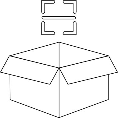 Üzerinde bir tarama sembolü olan açık bir karton kutu, basit bir çizgi sanat tarzında tarama, dağıtma veya paketleme kavramlarını temsil eder..