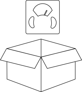 Üzerinde bir ölçek sembolü olan açık bir kutunun basit bir siyah beyaz çizimi ağırlık veya ölçüm öneriyor..