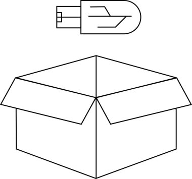 Üzerinde bir USB sürücüsü olan açık bir kutuyu gösteren basit bir taslak çizimi, beyaz üzerinde izole edilmiş..