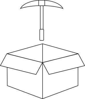 Beyaz bir arka planda izole edilmiş, açık bir karton kutunun üzerinde asılı duran bir kazmanın basit bir siyah beyaz çizimi.