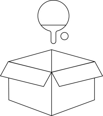 Açık bir karton kutunun üzerinde pinpon raketi ve top tasviri, depolama veya yeni bir satın alma önerisi.