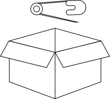 Açık bir kutunun üzerine yerleştirilmiş, minimalist ve temiz bir tasarım yaratan bir çengelli iğne içeren basit bir çizgi çizimi..