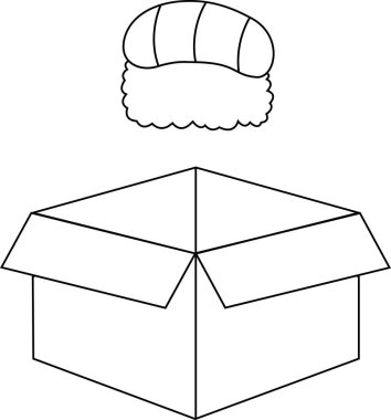 Açık bir kutuya konmak üzere olan bir suşi parçasının siyah beyaz çizimi..