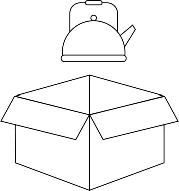 Açık bir karton kutunun üzerinde yüzen bir çaydanlığın, çeşitli tasarım uygulamaları için uygun basit bir siyah beyaz çizgisi çizimi.