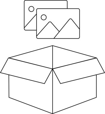 Açık bir kutunun üstündeki fotoğrafların yer aldığı sembolik bir illüstrasyon. Anıları temsil eden, paketleri açan, nostaljiyi yansıtan ve geçmişi yansıtan bir resim..