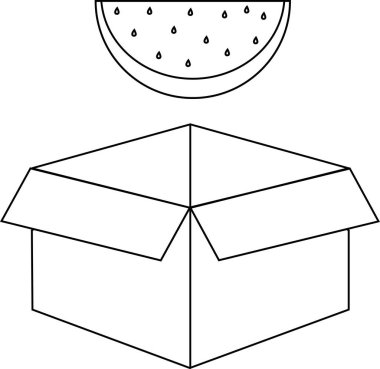 Açık bir karton kutunun üzerine konmuş bir karpuz diliminin siyah beyaz çizimi basit, grafik bir kompozisyon oluşturur..