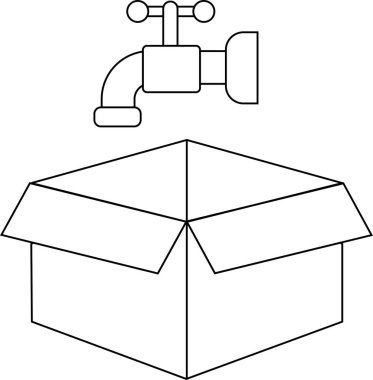 Basit bir çizim, açık bir karton kutunun üzerine yerleştirilmiş bir musluk gösteriyor. Bu da su koruma veya tedarik etme kavramını ortaya koyuyor..