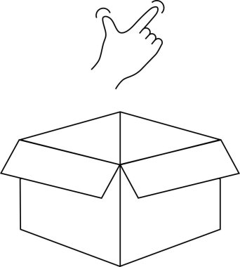 Açık bir karton kutunun üzerinde el hareketlerinin basit bir siyah beyaz çizimi etkileşim ya da seçim önerisi.