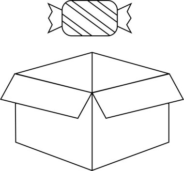 Üzerinde bir parça şeker olan açık bir kutunun basit bir siyah beyaz çizimi, boyama faaliyetleri için mükemmel..