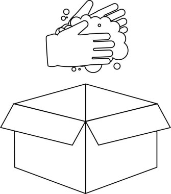 Açık bir karton kutunun üzerinde sabunla yıkanan ellerin basit bir siyah beyaz çizgisi..