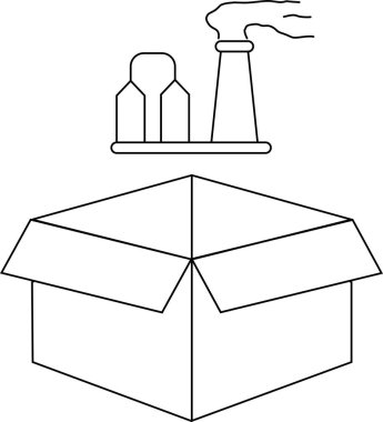 Açık bir kutunun üstündeki fabrikanın basit ve temiz bir çizimi..