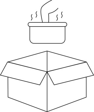 Açık bir karton kutunun üzerine yerleştirilmiş dumanı tüten sıcak bir tencereyi tasvir eden minimalist bir çizgi..