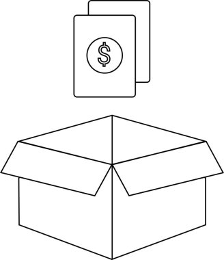 Açık bir kutunun üzerinde bir dolar işareti olan, çeşitli finansal veya promosyon kavramları için uygun, basit bir siyah beyaz çizimi.