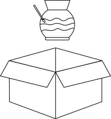 Siyah ve beyaz bir çizgi açık bir kutunun üzerinde bir kaşık ile bir demlik tasvir eder, renklendirme veya eğitim amaçlarına uygun.