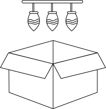Üzerinde Noel ışıkları asılı açık bir kutunun basit bir siyah beyaz çizgisi, boyama sayfaları veya tatil tasarımları için mükemmel..
