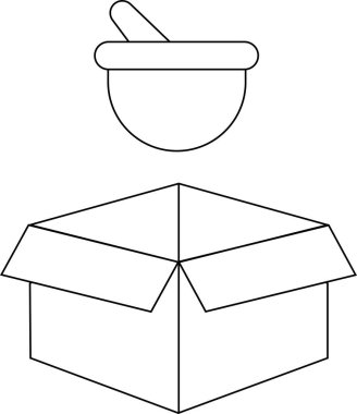Açık bir kutunun üzerinde yüzen havan topu ve tokmağın basit bir çizgi çizimi, minimalist ve sembolik bir görüntü oluşturur.