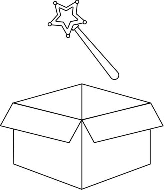 Üzerinde sihirli bir değnek yüzen açık bir kutunun basit bir siyah beyaz çizimi, boyama kitapları veya yaratıcı projeler için mükemmel..