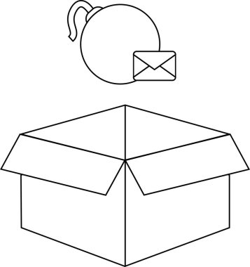Bomba ve e-posta, açık bir kutunun üzerinde siyah beyaz çizgili bir resim çiziminin üzerindedir..