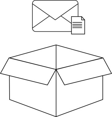 Açık kapaklı bir kutunun, bir mektubun ve bir belge simgesinin çizimi. Görüntü siyah beyaz ve basit, temiz bir tasarıma sahip..
