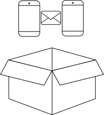 Modern lojistik ve teknolojiyi sembolize eden dijital iletişim ve dağıtım konsepti, telefonlar ve bir kutu..