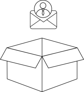 Açık bir kutunun üzerinde bir kişi simgesi bulunan e-posta pazarlama, dağıtım veya özel bir teklifi sembolize eden bir e-posta çizimi.