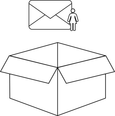 Basit bir siyah-beyaz çizimi bir kutu içinde mesaj gönderen, iletişim ve iletim kavramını aktaran bir kişiyi resmediyor..