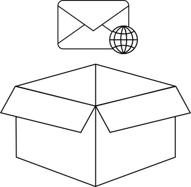Üzerinde bir e-posta ve dünya simgesi olan açık bir kutunun basit bir siyah beyaz çizimi küresel iletişim veya çevrimiçi dağıtım.