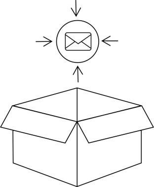 Basit bir satır, içeriyi gösteren ve açık bir kutunun üzerine yerleştirilmiş, mesaj veya öge alma kavramını sembolize eden bir posta kutusu simgesi çizer..