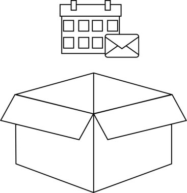 Üzerinde takvim ve zarf simgesi olan açık bir kutunun canlandırılması, zaman ayarlama veya teslim bildirimleri öneriyor.
