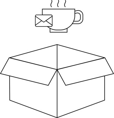 Üzerinde dumanı tüten bir kahve fincanı ve zarf olan açık bir kutunun basit bir çizimi teslimat ya da hediye olduğunu gösteriyor..