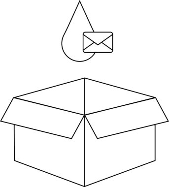 E- posta simgesi ve üzerine su damlası olan açık bir kutunun satır çizimi, iletimi veya iletişimi simgeliyor.