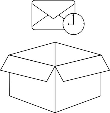 Üzerinde bir zarf ve saat simgesi olan açık bir kutunun çizimi teslimat zamanını simgeliyor..