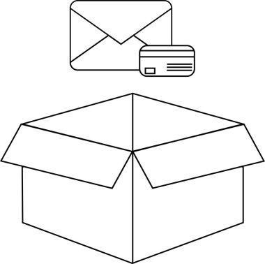 Açık bir kutu, bir zarf ve bir kredi kartı içeren basit bir çizgi çizimi. Teslimat, ödeme veya hediye temaları için ideal..