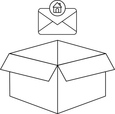 Üzerinde bir zarf olan açık bir kutunun basit bir çizgisi çizimi, bir ev simgesi içeriyor, ev teslimatını veya taşınmayı öneriyor..