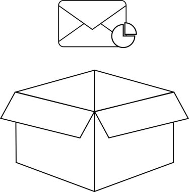 Üzerinde bir zarf ve pasta grafiği simgesi olan açık bir kutunun basit bir çizgisi çizimi, posta veya veri analizini sembolize eder.
