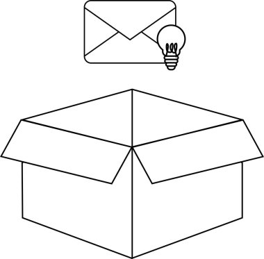 Üzerinde bir zarf ve ampul simgesi olan açık bir kutunun basit bir siyah beyaz çizimi.