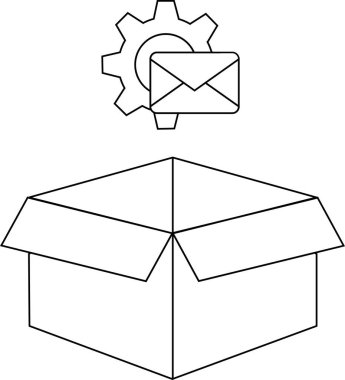 Üzerinde bir dişli ve zarf simgesi bulunan açık bir kutunun canlandırılması, yapılandırmayı, iletişimi ve potansiyel ayarları veya seçenekleri sembolize eder.
