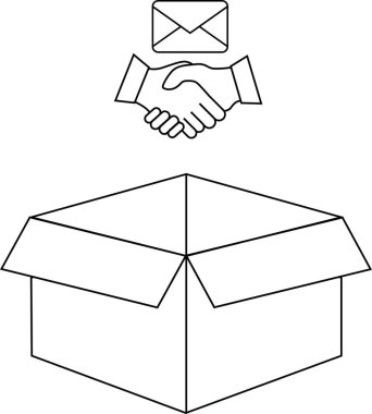 Üzerinde el sıkışma ve zarf bulunan açık bir kutunun yer aldığı siyah beyaz bir illüstrasyon, ortaklığı ve iletişimi simgeliyor..