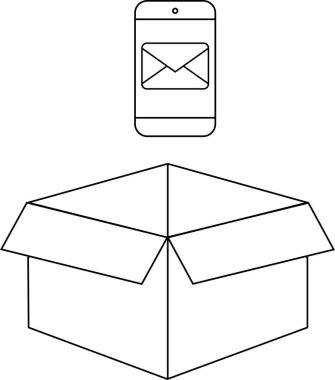 Üzerinde akıllı telefon olan açık bir karton kutu, bir e-posta simgesi gösteren, teslimat bildirimleri veya çevrimiçi alışveriş öneren.