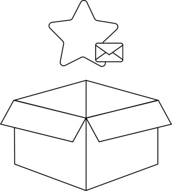 Üzerinde yıldız ve zarf simgesi olan açık bir kutunun basit bir çizgi çizimi, renklendirme veya tasarım ögeleri için uygundur.