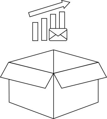 Yukarı doğru bir eğilim ve bir zarf simgesi gösteren, büyümeyi ve iletişimi sembolize eden açık bir kutunun çizimi.