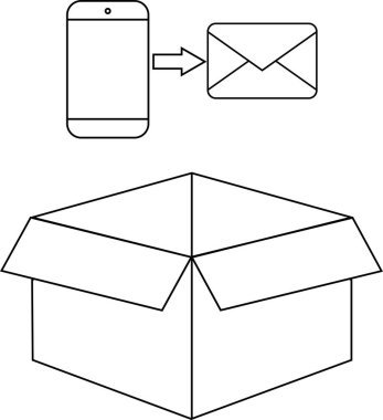 Bir telefon bir kutuya iletişim ve teslimatı gösteren bir mesaj gönderir. Basit çizgi sanat tasarımı.