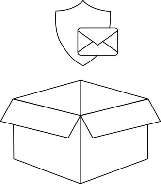 Üzerinde bir kalkan ve zarf olan açık bir kutu tasviri, güvenli teslimat ve iletişimi temsil ediyor..