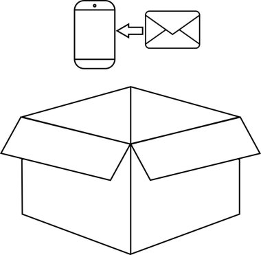 Bir akıllı telefon ve e-posta simgesi, dijital iletişimi ve potansiyel teslimatı veya depolamayı sembolize eden açık bir karton kutunun üzerine yerleştirilmiştir.